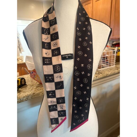 CHANEL Camellia Motif Reversible Scarf Black Pink Luxury Bandana with Box - Picture 4 of 6